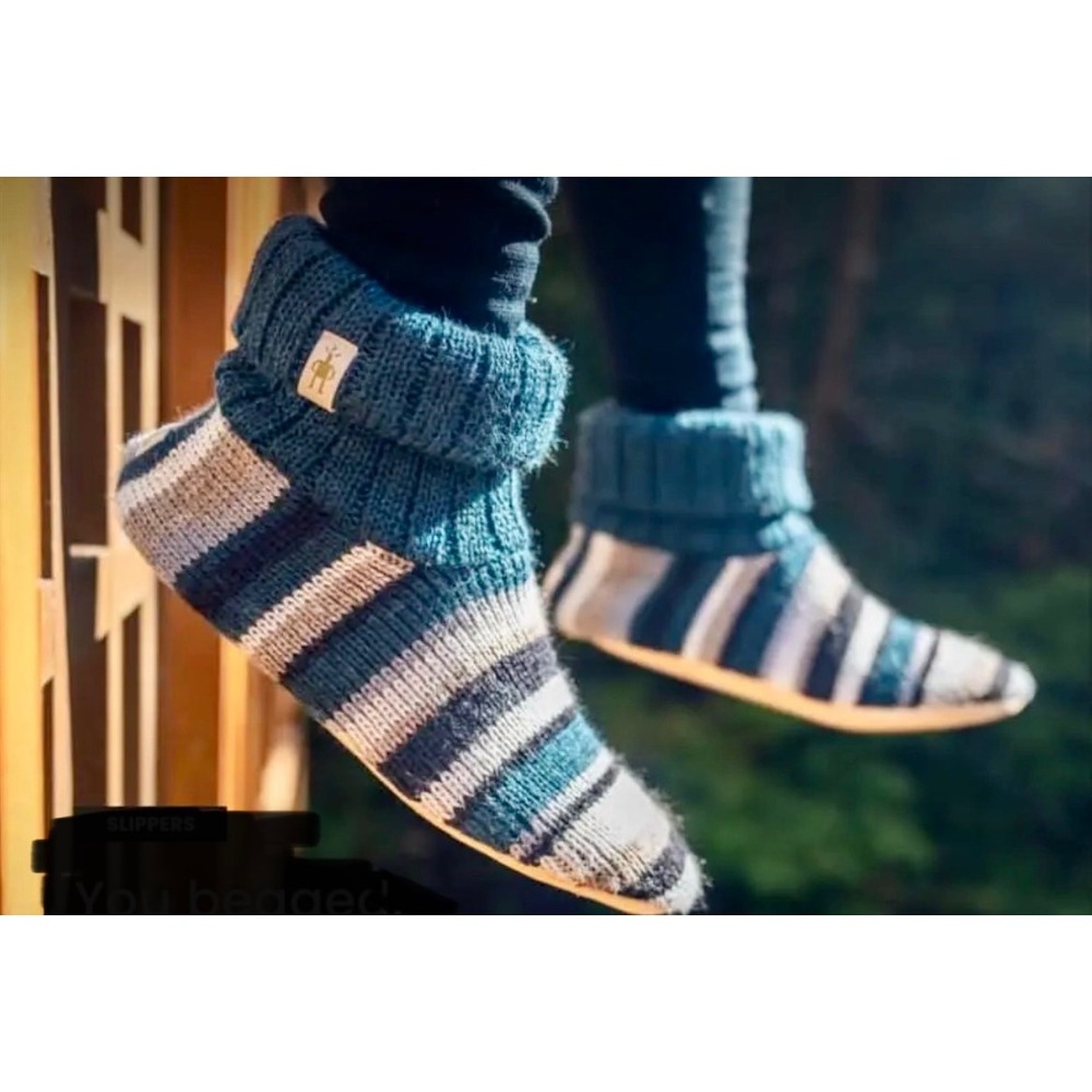 Smartwool Striped Knit Slipper Booties Unisex Small Blue Grey Cozy Cabin Hygge